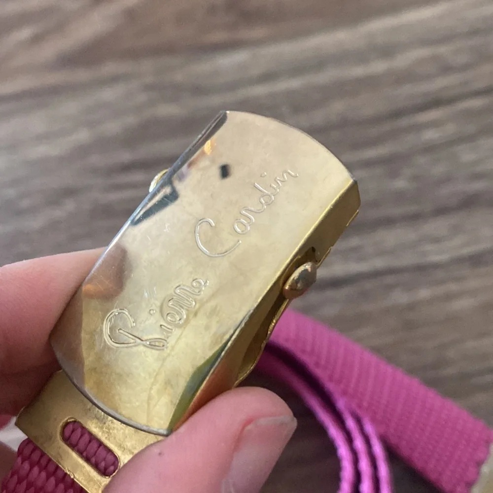 Vintage Pierre Cardin pink nylon Fabric Web Skinny Belt Gold Tone Logo Buckle